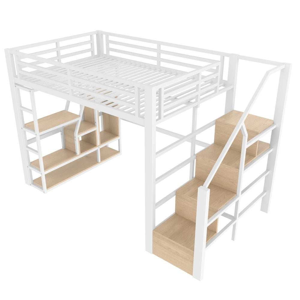 Letto a Soppalco 140x200 con LED ¨C Xylo ¨C Bianco, Metallo, Scaletta, Contenitore
