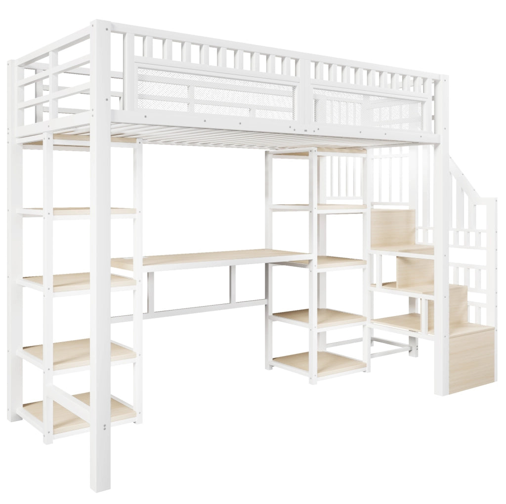 Letto a soppalco 90x200 cm con scrivania, LED, USB e scala contenitore in metallo e MDF bianco