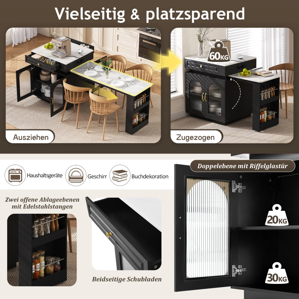 Tavolo allungabile con mobile contenitore LED e ricarica USB Type-C in MDF nero 128~200 × 71 × 92 cm