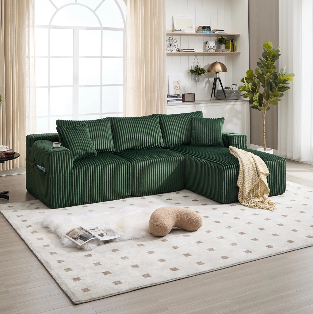 Divano modulare smeraldo con chaise longue, portabevande e 5 cuscini