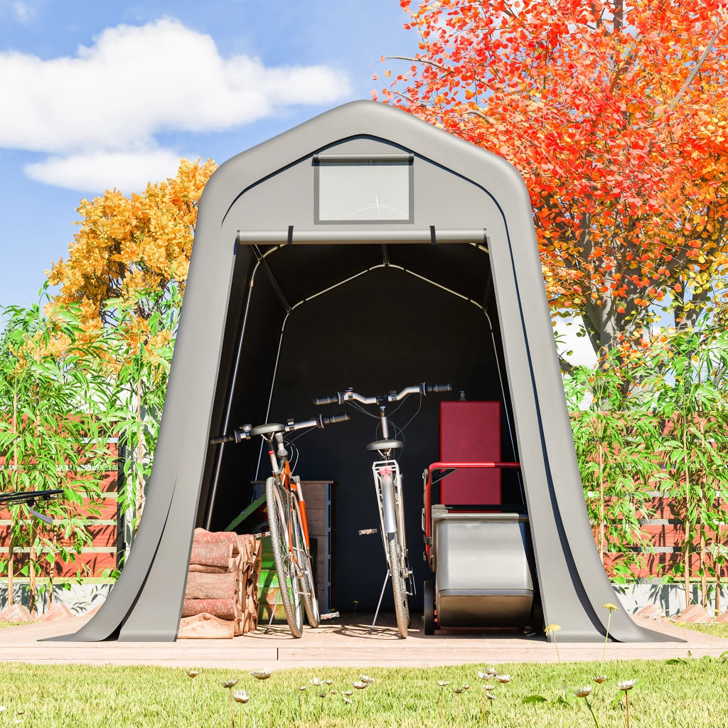 Ricovero da giardino con porta avvolgibile struttura in acciaio zincato telo PE grigio scuro 213 × 366 × 225 cm