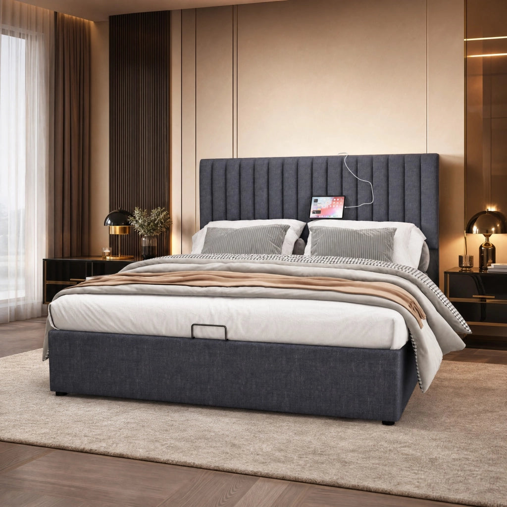 Letto matrimoniale 160x200 cm con contenitore; LED; USB e Type C; lino grigio con materasso