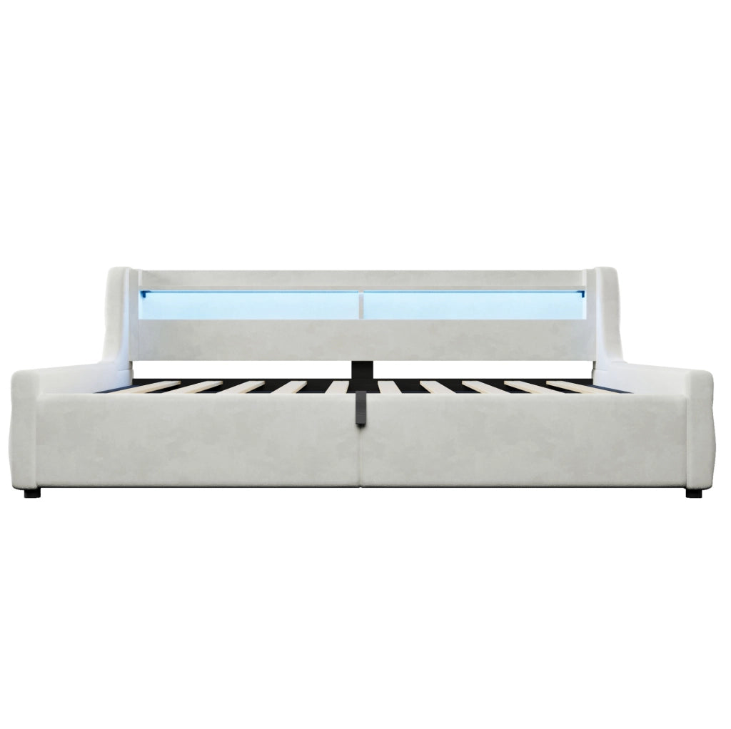 Letto imbottito 140x200 cm in flanella color bianco sporco con LED e contenitore
