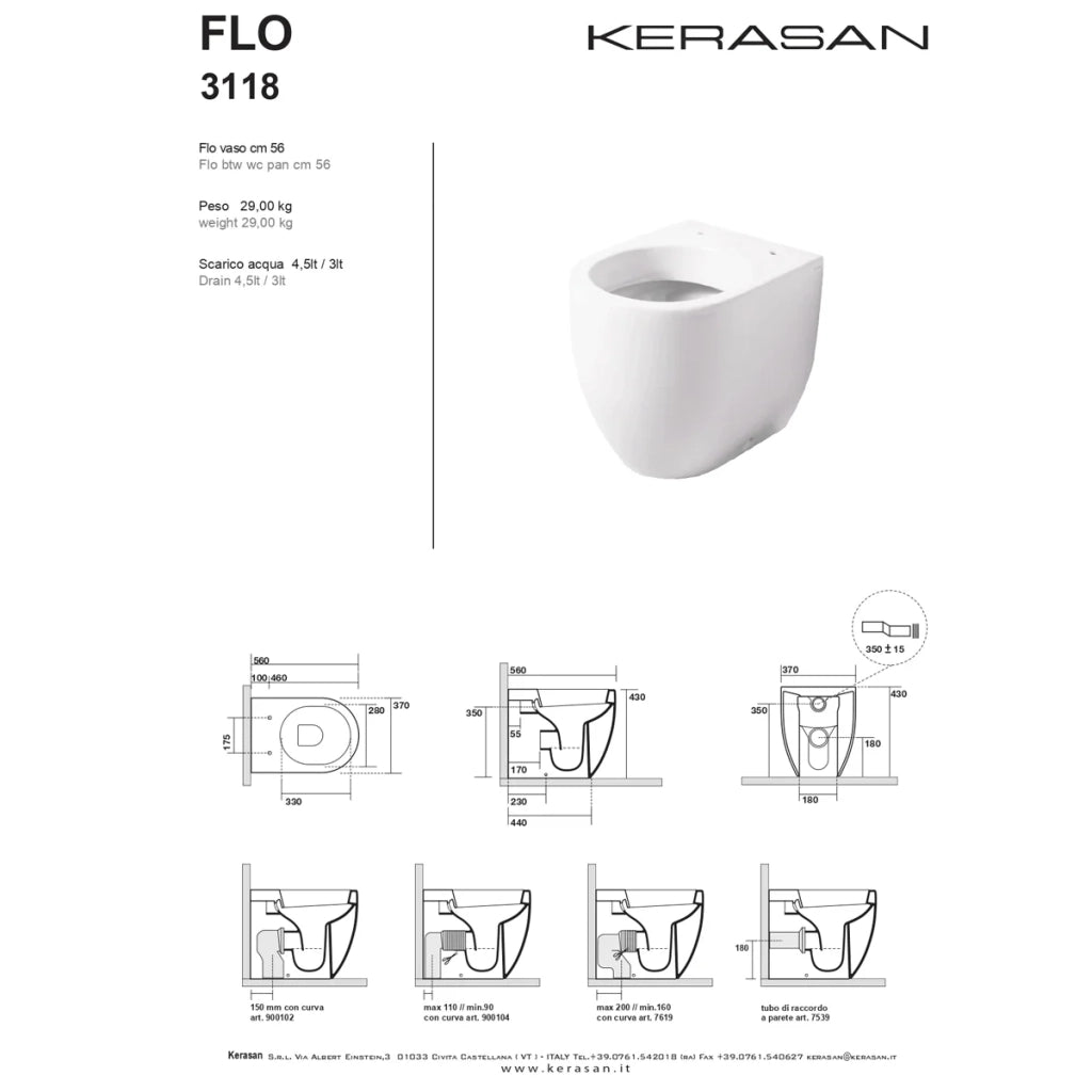 Coppia Di Sanitari Kerasan Da Terra Filo Muro Bianco Lucido "Flo 56"