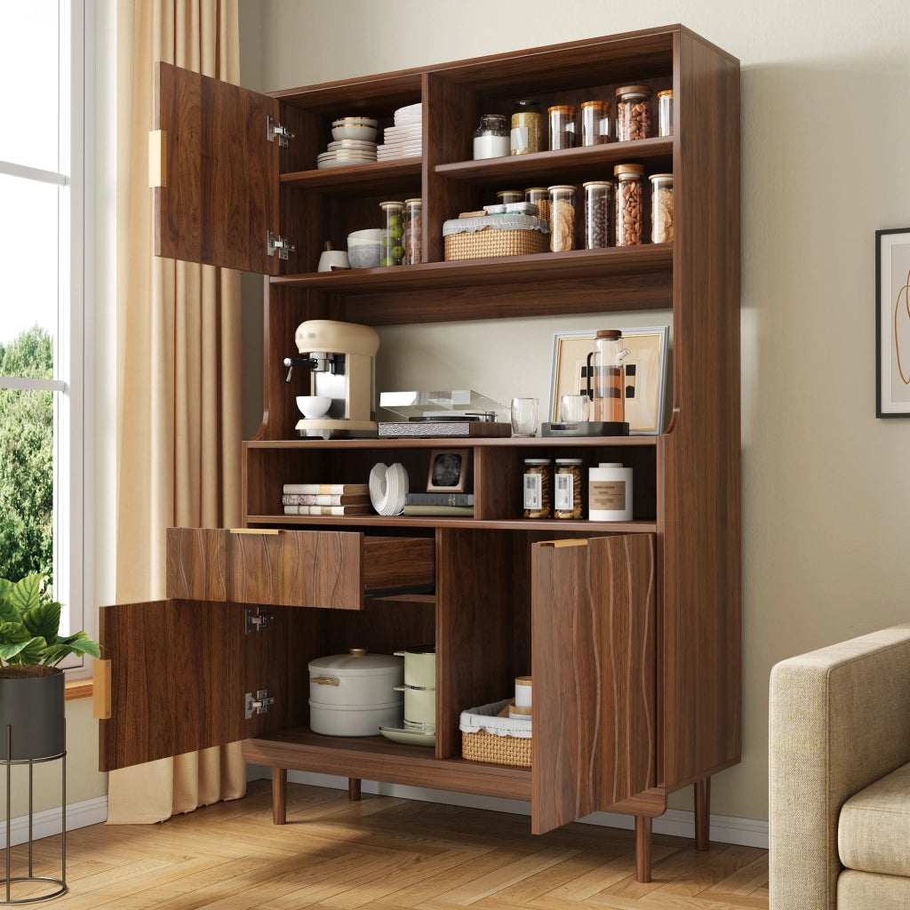 Sideboard alto con 1 cassetto, ante e ripiani aperti. Mobile contenitore in MDF e truciolato con piedi in legno massello