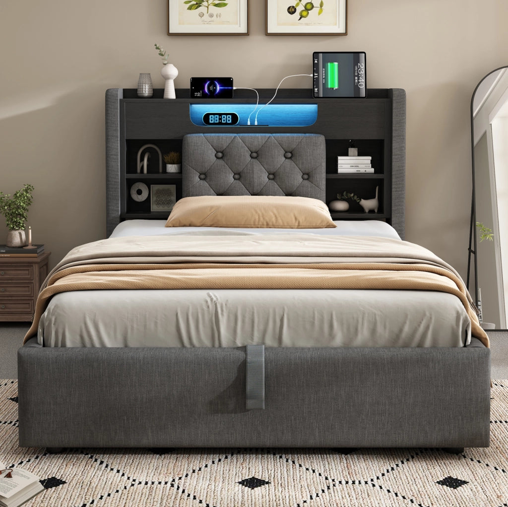 Letto contenitore 90x200 cm grigio con LED, USB/USB-C e testiera con ripiani
