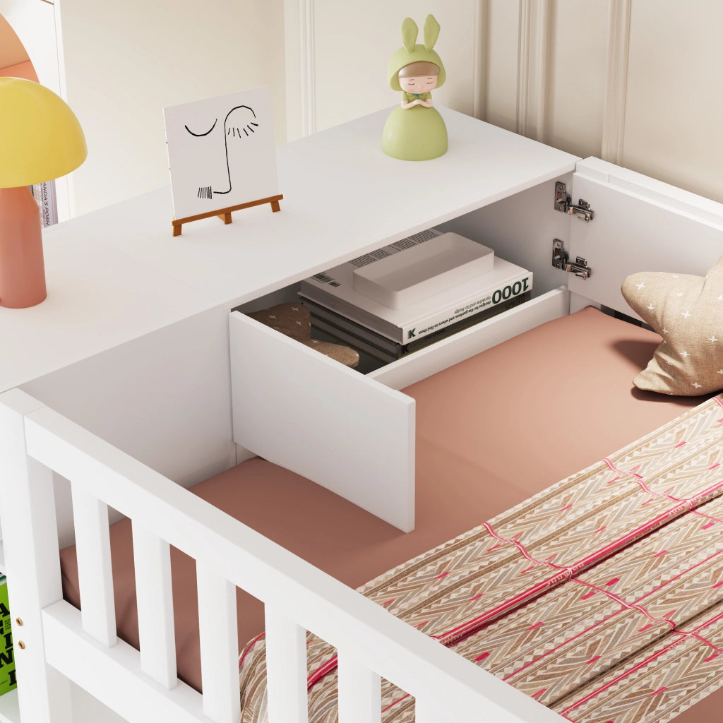 Letto a Soppalco 90x200 cm con Armadio, Mensole e Scala con Ripiani, Bianco