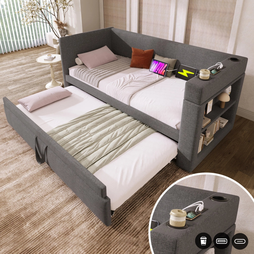 Letto singolo con letto estraibile 90x190 cm con USB-C e portabevande grigio HOMVRA