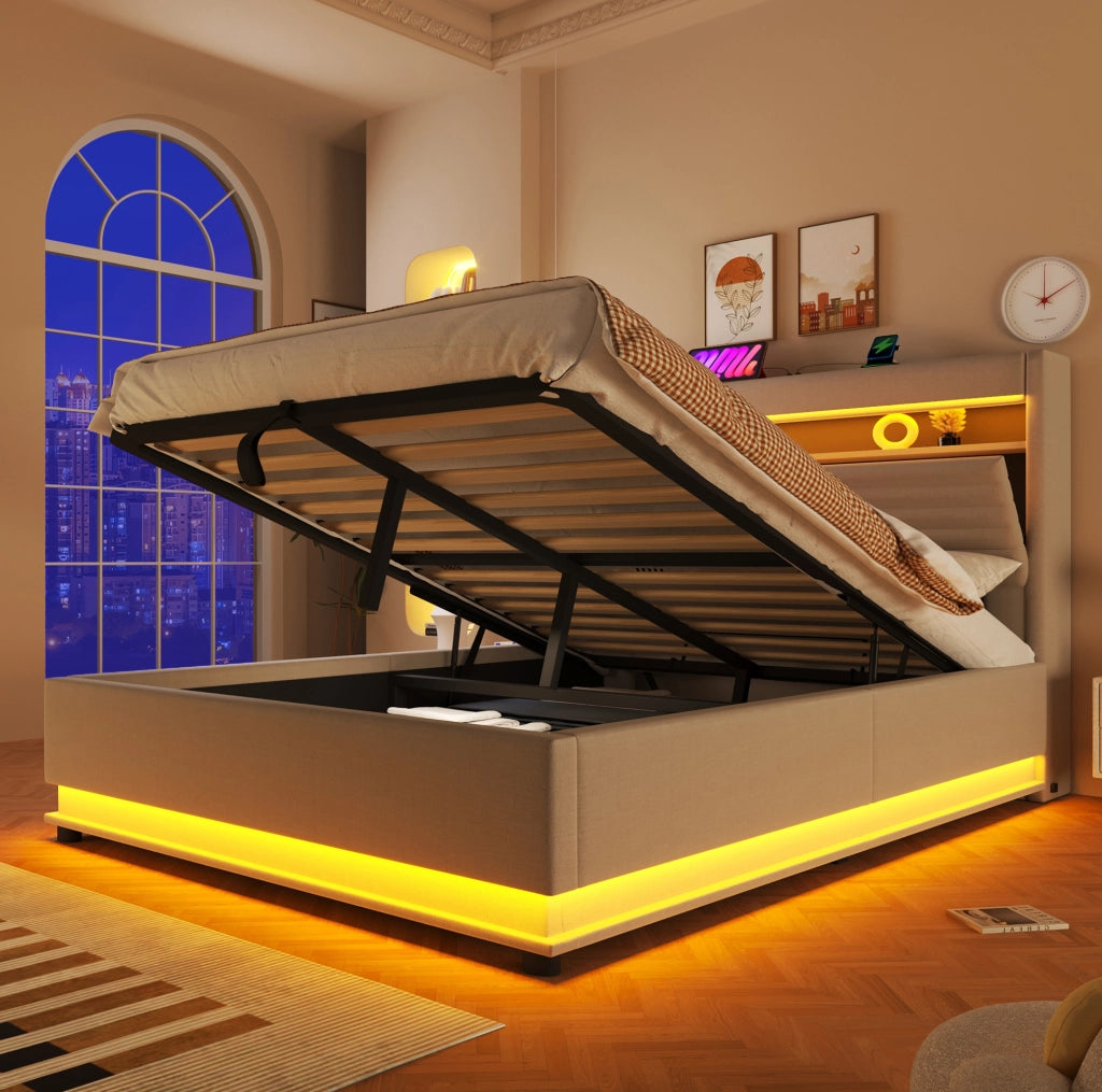 Letto imbottito contenitore 140x200 cm con USB; Type-C; LED e sollevamento idraulico; beige