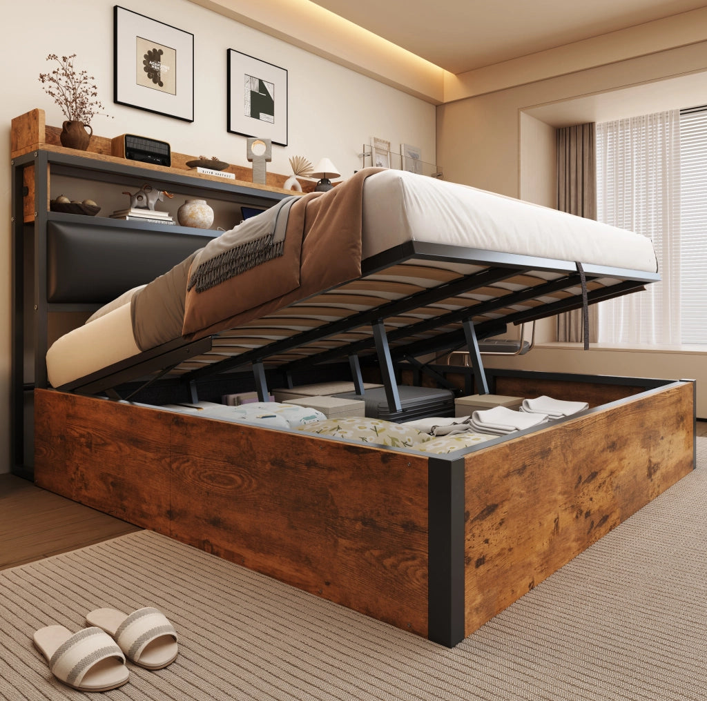 Letto matrimoniale 180x200 cm con contenitore idraulico, USB, testiera imbottita, nero