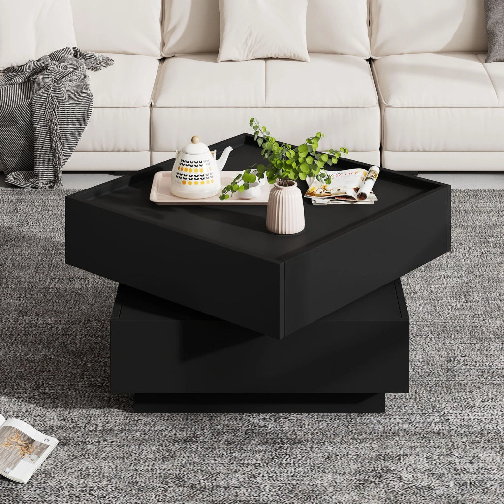 Tavolino da caffè girevole 360° 60x60x38 cm con 2 cassetti in truciolare nero