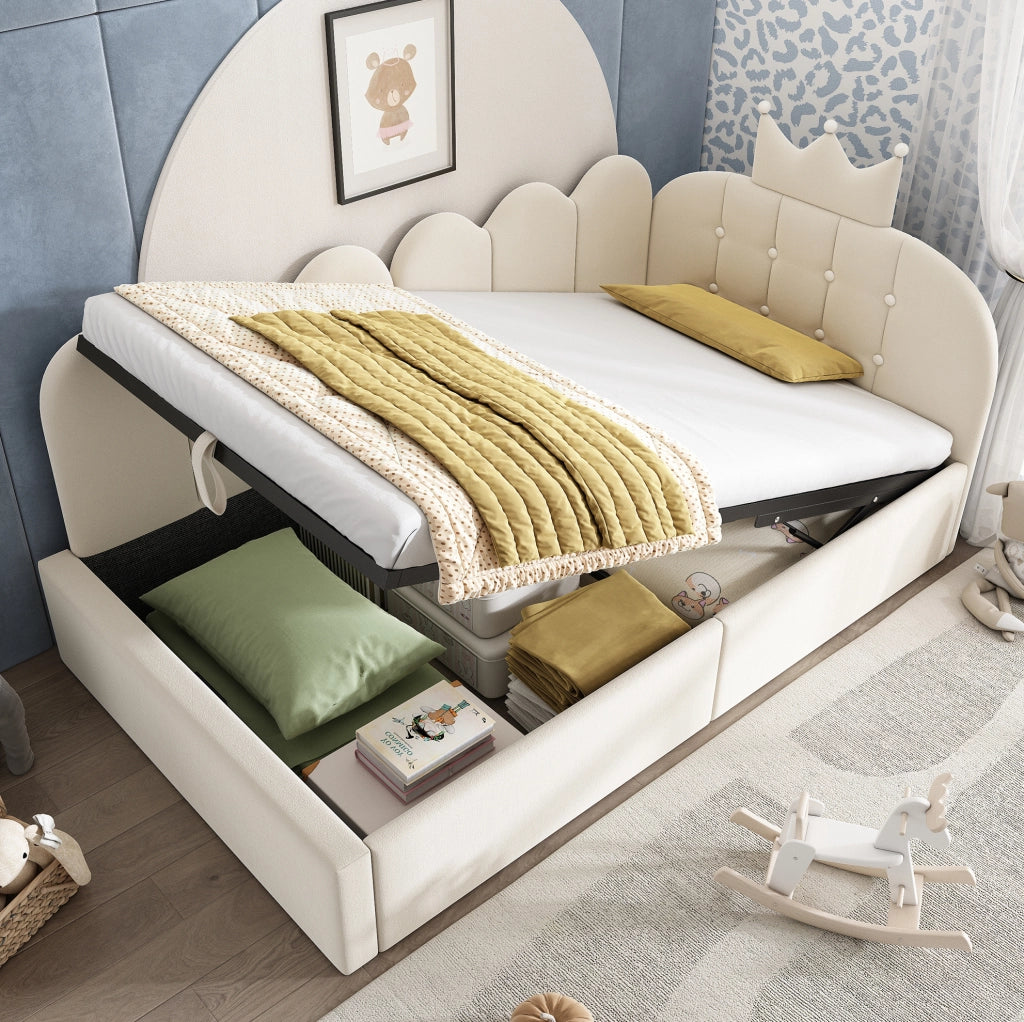 Letto singolo a divano 90x200 cm in velluto beige con contenitore idraulico HOMVRA