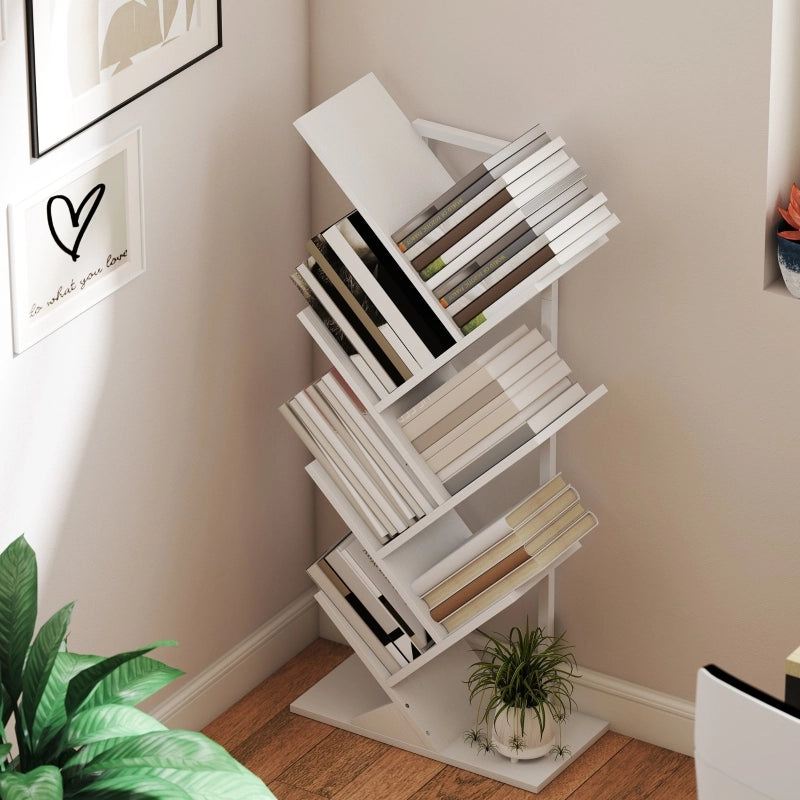 Libreria 50x24x109 cm a forma di albero con 7 ripiani in legno bianco