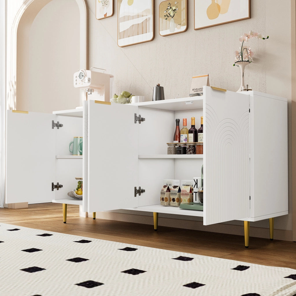 Sideboard soggiorno bianco, 160x80x40 cm, 4 ante, maniglie dorate spazzolate, gambe high-gloss