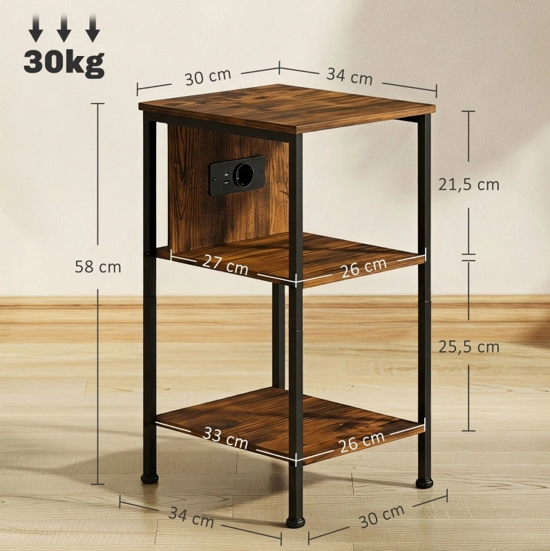 Tavolino laterale con presa e ricarica USB/USB-C; 34x30x58 cm; 2 ripiani; marrone rustico HOMVRA