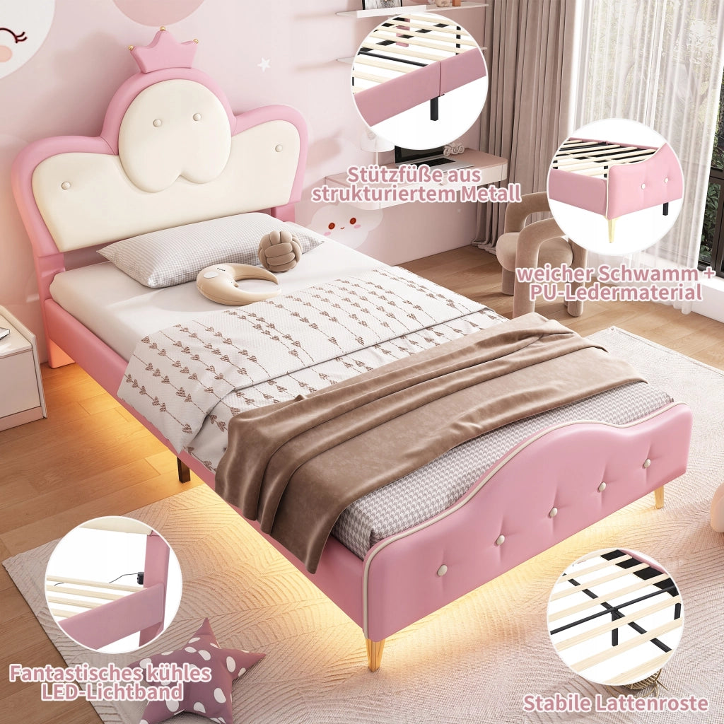 Letto imbottito 90x200 LED - Xylo - Rosa