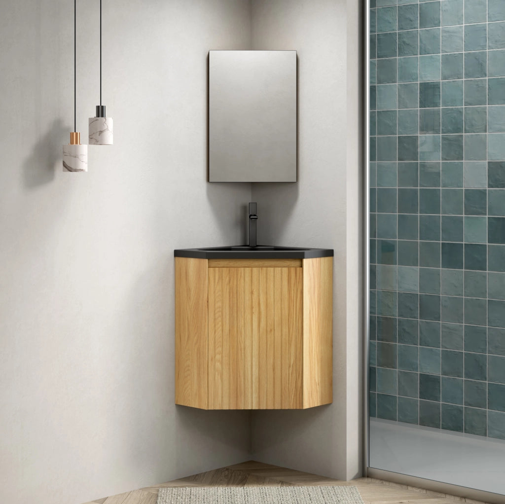 Mobile bagno angolare ULEVR con lavabo triangolare integrato in resina nera opaca e anta effetto rovere