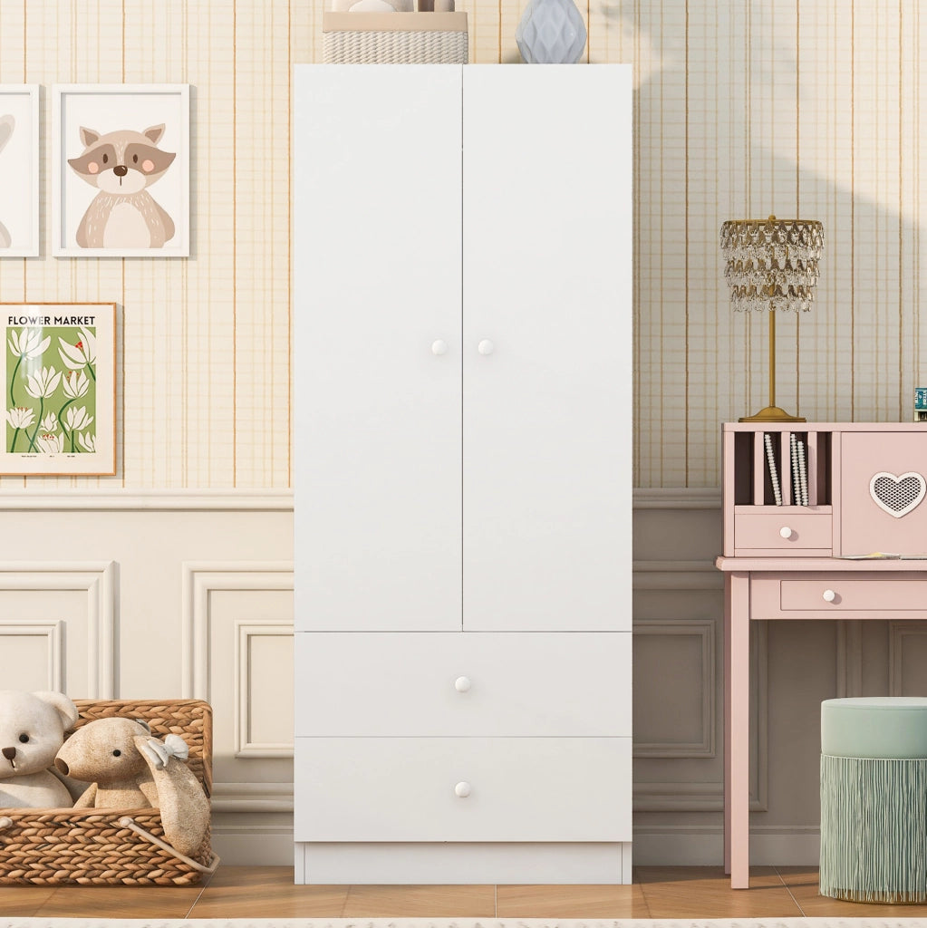Armadio Singolo 70x40x170 cm con Due Cassetti, Design a Blocchi di Colore, Rosa e Bianco
