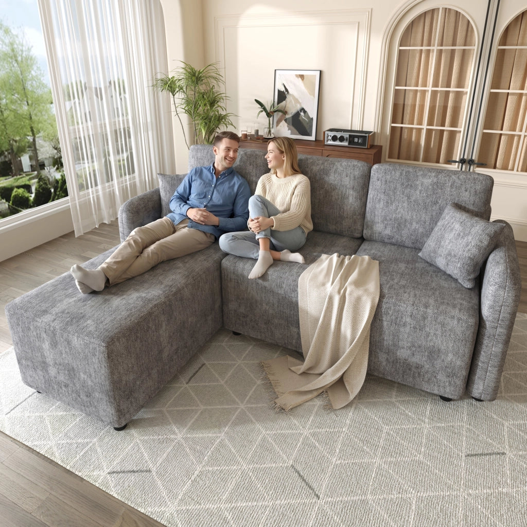 Divano angolare 3 posti con chaise longue e 2 cuscini, imbottitura in schiuma ad alta densità, in ciniglia grigio