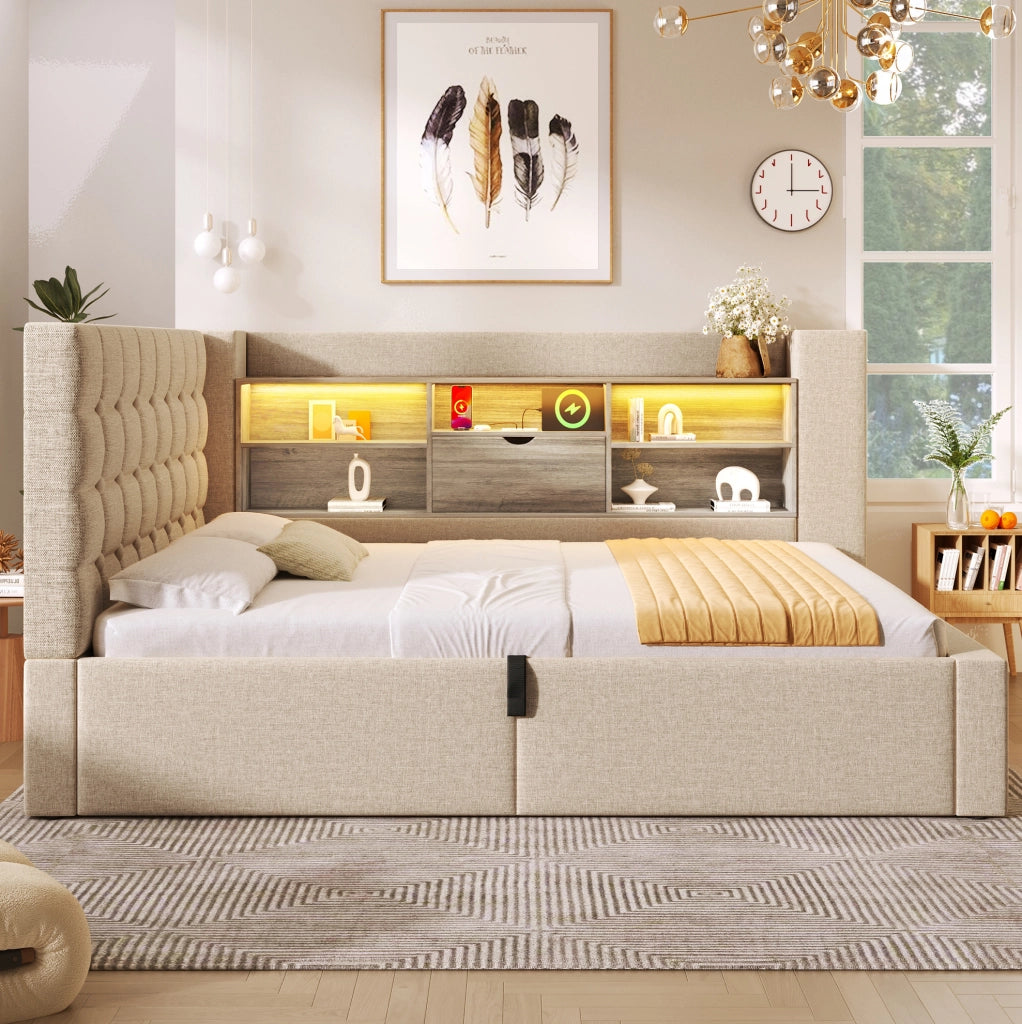 Letto imbottito 140x200 cm beige con materasso, LED, USB e contenitore