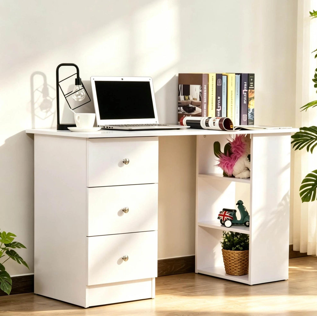 Scrivania da lavoro bianca con 3 cassetti e 2 ripiani, MDF e lega di alluminio, 120x49x72 cm