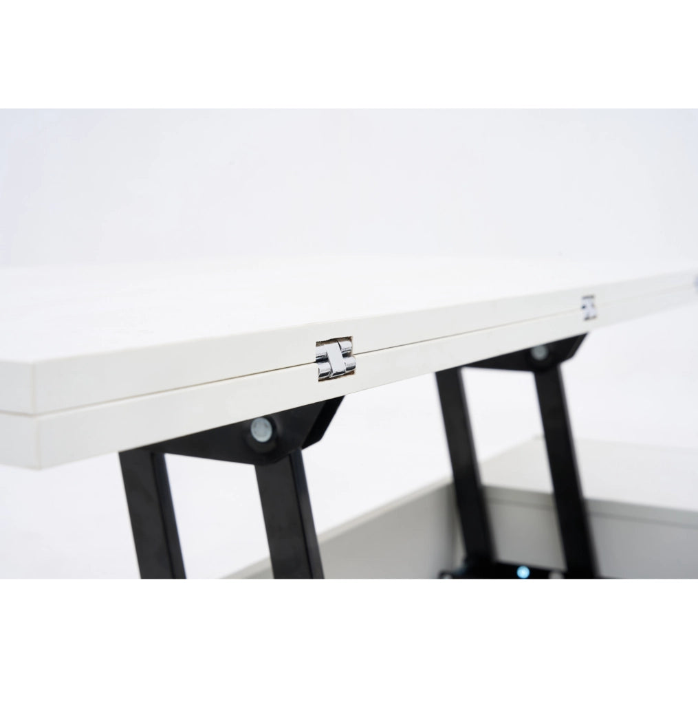 Tavolino da salotto con doppio piano sollevabile e vano contenitore; 100 x 50 x 43 cm; bianco