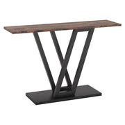 Consolle con piano rettangolare e gambe in metallo a V, per ingresso e soggiorno, MDF e metallo, nero e marrone rustico, 110 × 30 × 80 cm