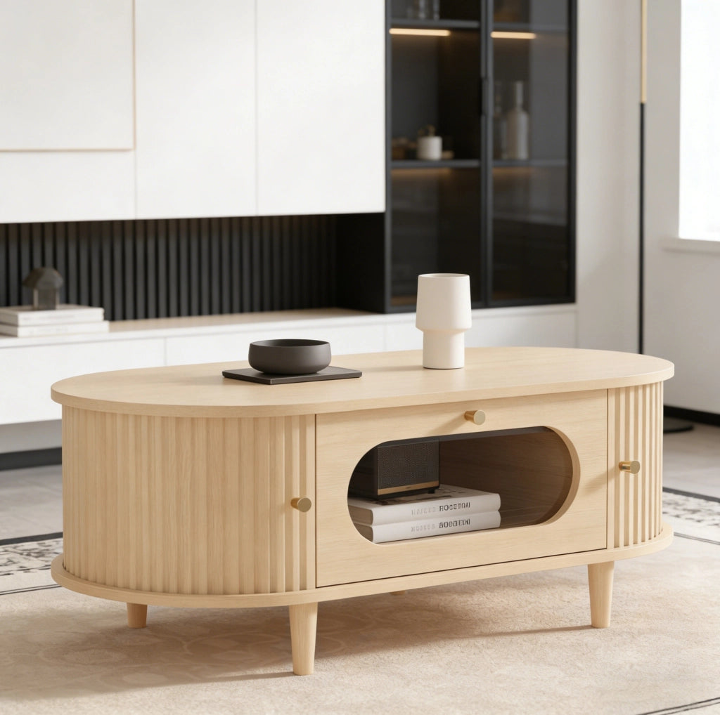 Tavolino da salotto in MDF 100x50x36 cm con cassetto e ante