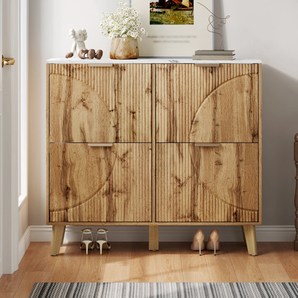 Scarpiera con 4 ante a ribalta e piano effetto marmo, salvaspazio per ingresso, MDF naturale, 105 × 24 × 95,5 cm