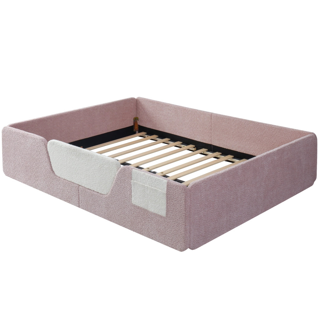 Letto a terra 140 x 190 cm con sponde di sicurezza rimovibili, letto matrimoniale con tasca in tessuto integrata, velluto rosa, rete a doghe inclusa