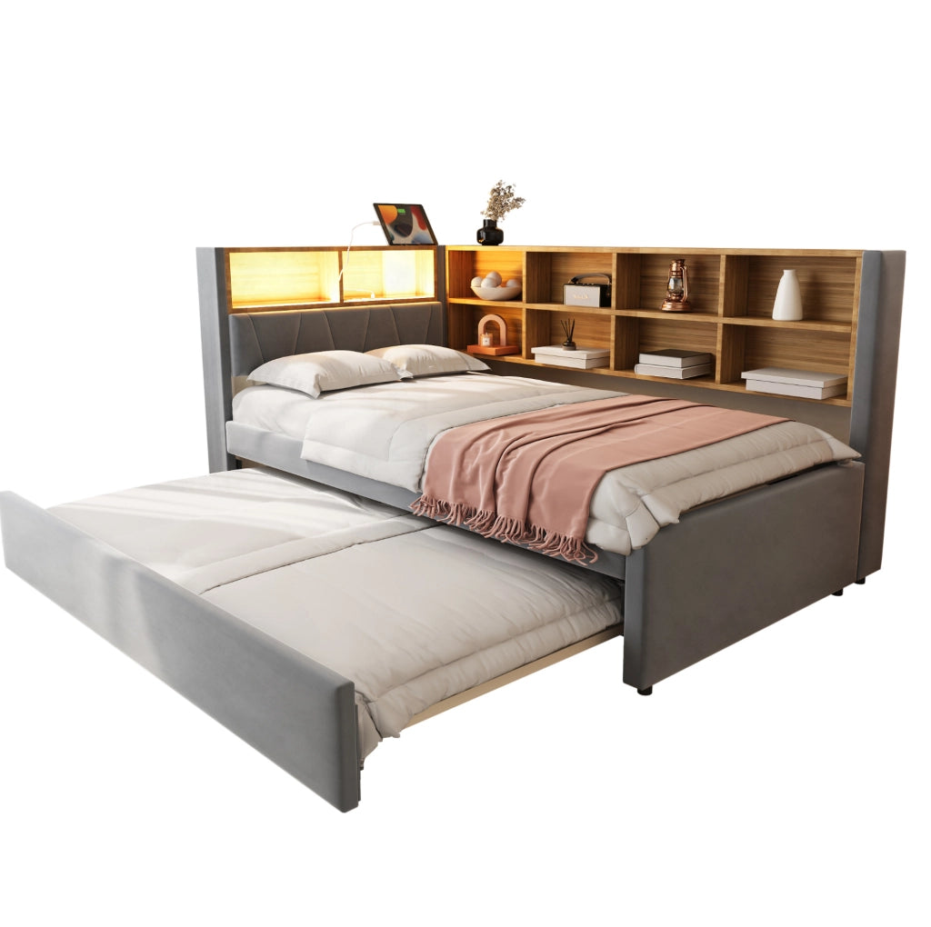 Divano letto 90x200 cm con letto estraibile; LED e prese in flanella grigio scuro