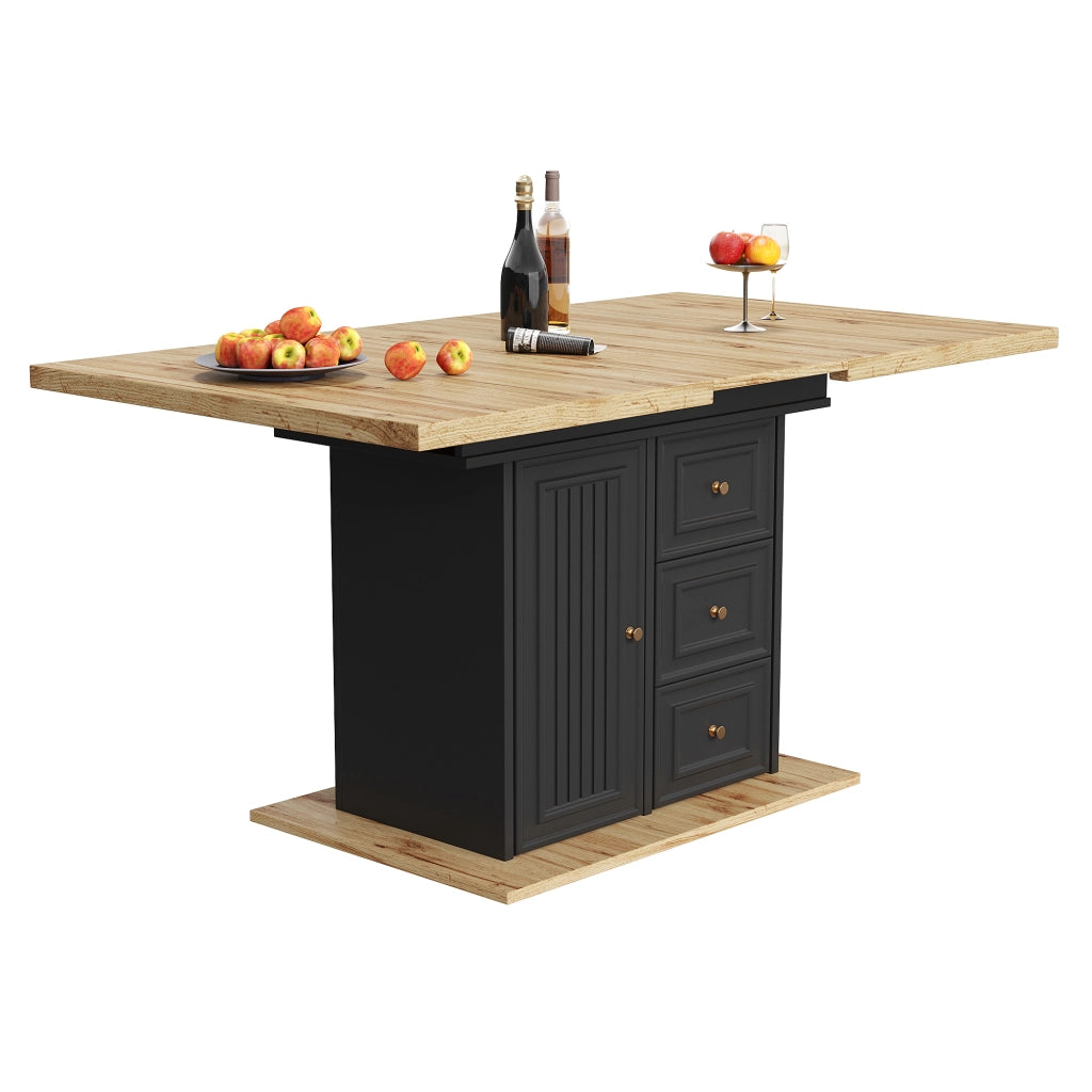 Tavolo da pranzo 6 posti con 1 porta; 2 cassetti e vano; piano allungabile per cucina e soggiorno in MDF e metallo naturale