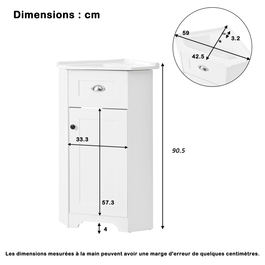 Mobile sottolavabo bagno a pavimento con lavabo in ceramica e vano contenitore, MDF bianco, 59 × 42,5 × 90,5 cm