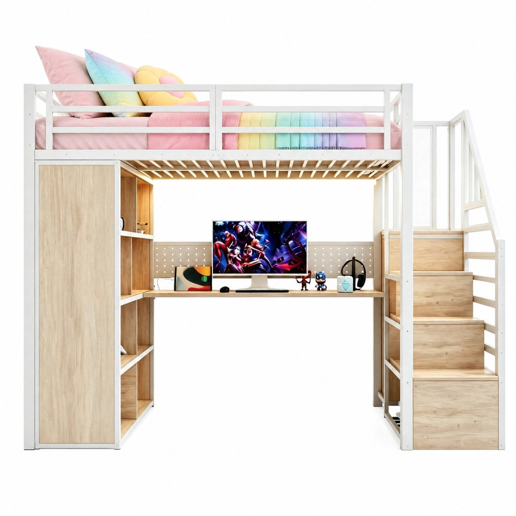 Letto a soppalco 90 × 200 cm con scrivania armadio scala contenitore pannello forato LED metallo bianco