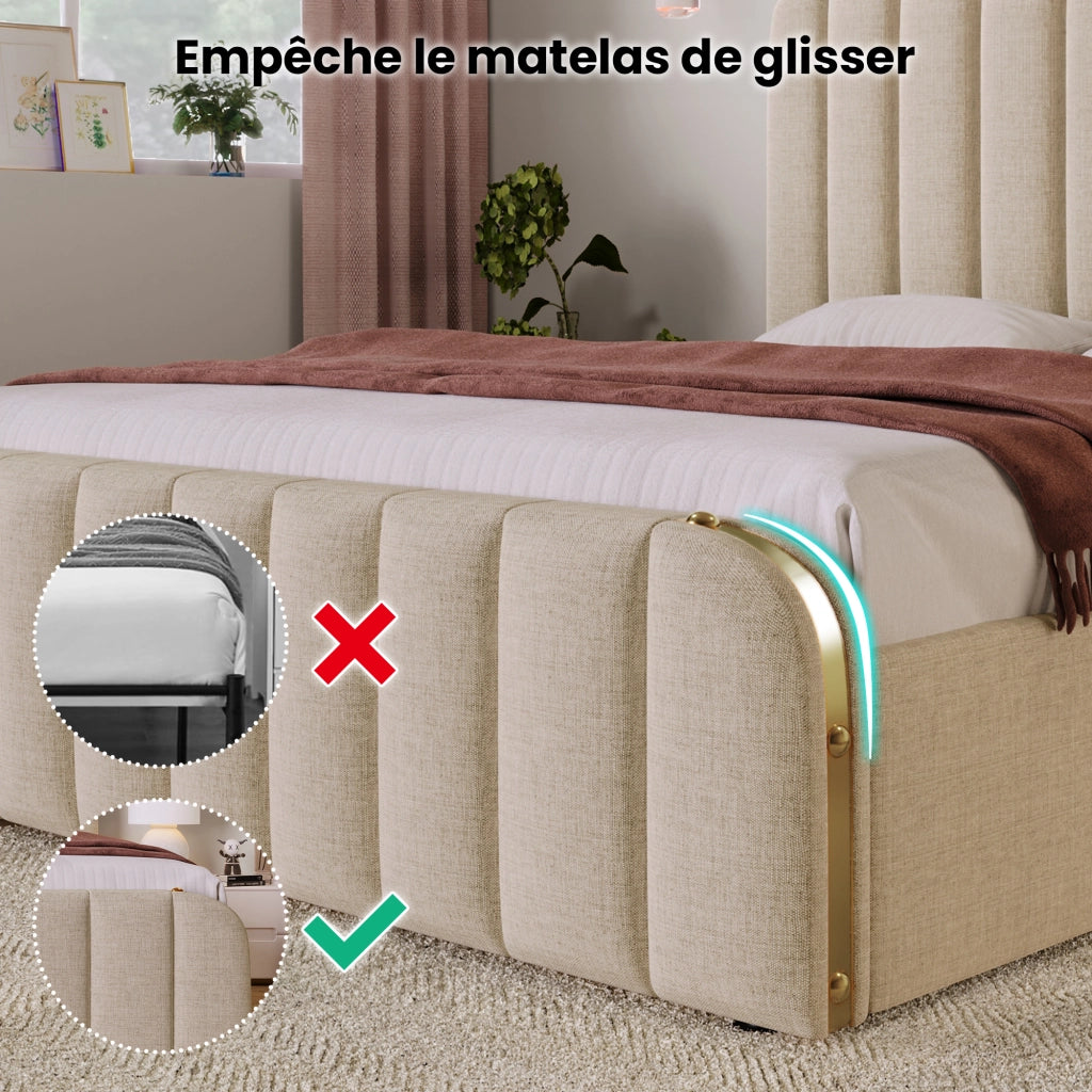 Letto contenitore singolo 90 × 200 cm con USB; Type-C e testiera imbottita; senza materasso; rivestito in lino beige