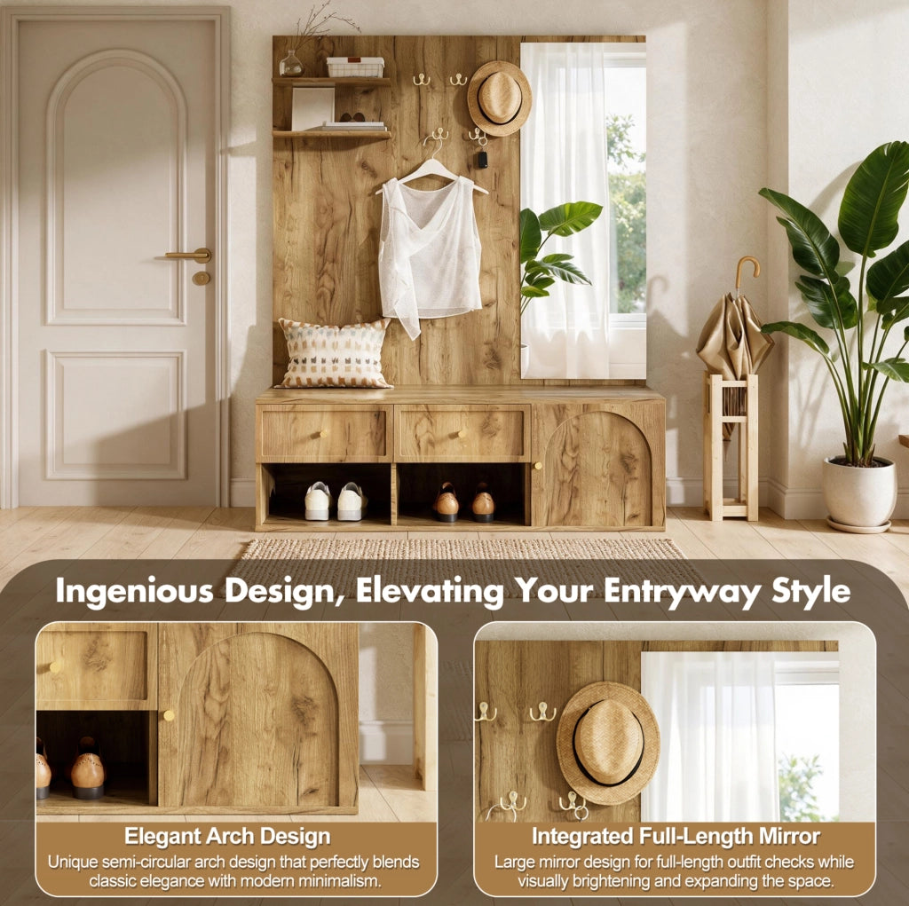 Set guardaroba da ingresso ULEVR 120x35x159 cm con specchio, 5 ganci, 2 cassetti e scarpiera effetto legno