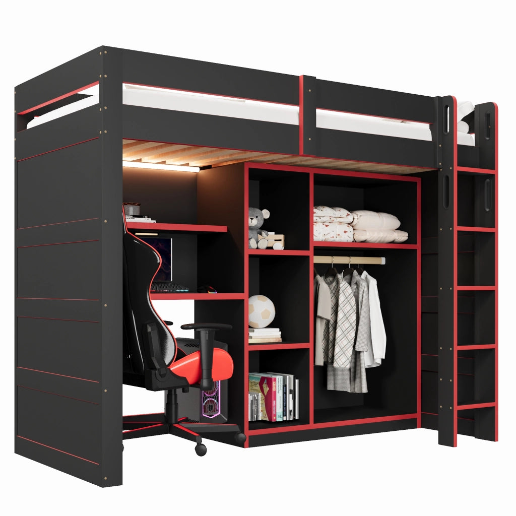 Letto a soppalco 90 × 200 cm 1 posto con scrivania, armadio, illuminazione LED e USB, senza materasso, nero rosso