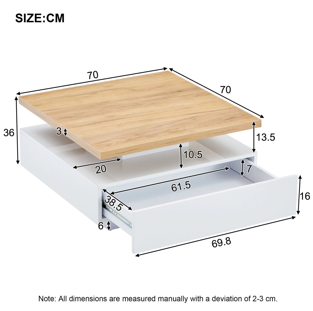 Tavolino multifunzione quadrato con rotazione 360°, struttura in truciolato noce e bianco lucido, 70x70x36 cm