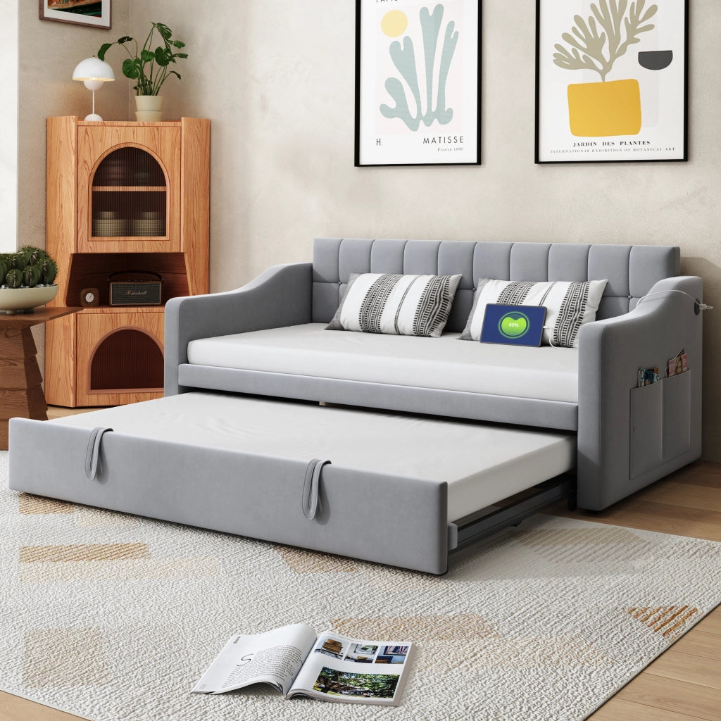 Divano letto multifunzionale - Zephmum- 90x180x190 cm, Grigio chiaro, Tessuto velluto, Presa di corrente e tasca di stoccaggio