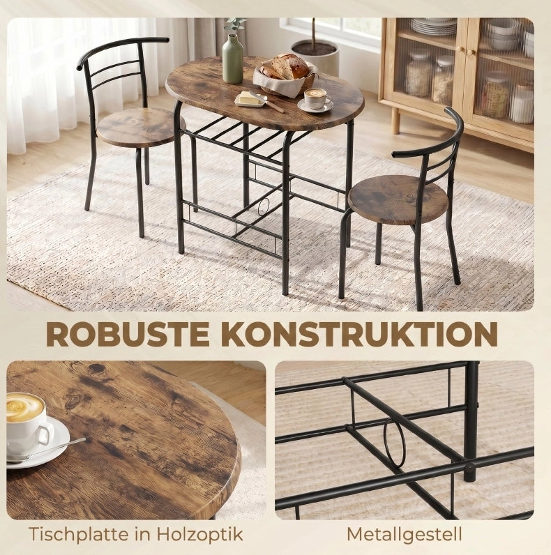 Set tavolo da cucina con 2 sedie e ripiano, marrone rustico