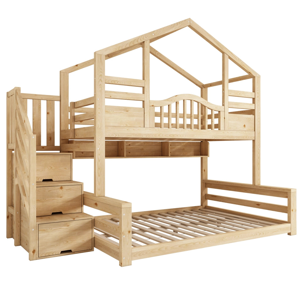 Letto a castello per bambini con armadietto nella scala; legno dall'aspetto naturale
