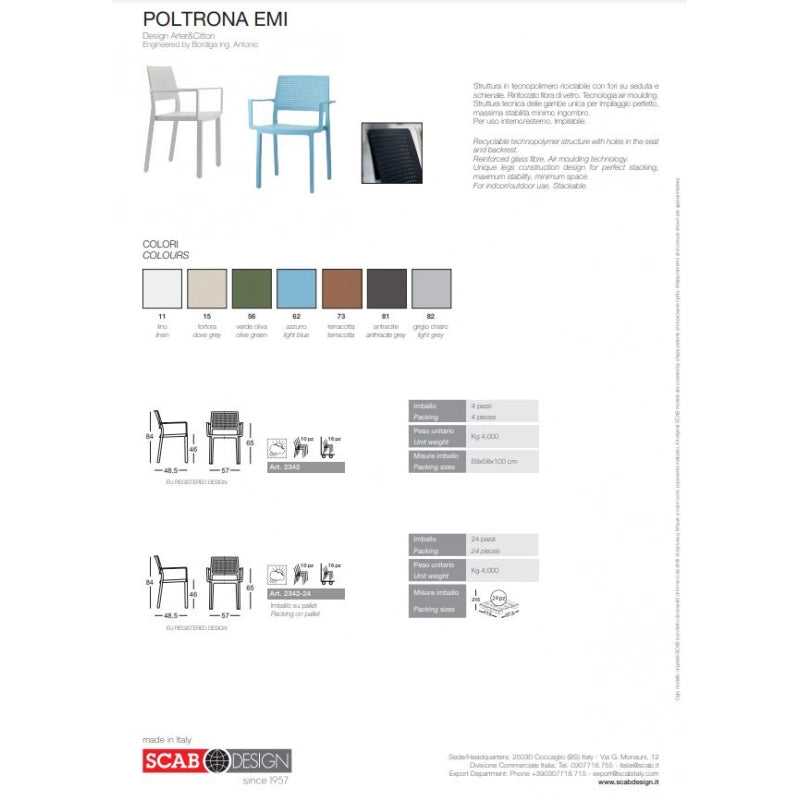 SET 4 PEZZI SEDIA EMI CON BRACCIOLI TECNOPOLIMERO MADE IN ITALY SCAB DESIGN - Tortora 15
