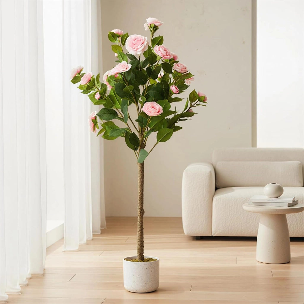 Set 2 Piante di Camelia Artificiale 110 cm con Fiori Sbocciati e Vaso da Ingresso