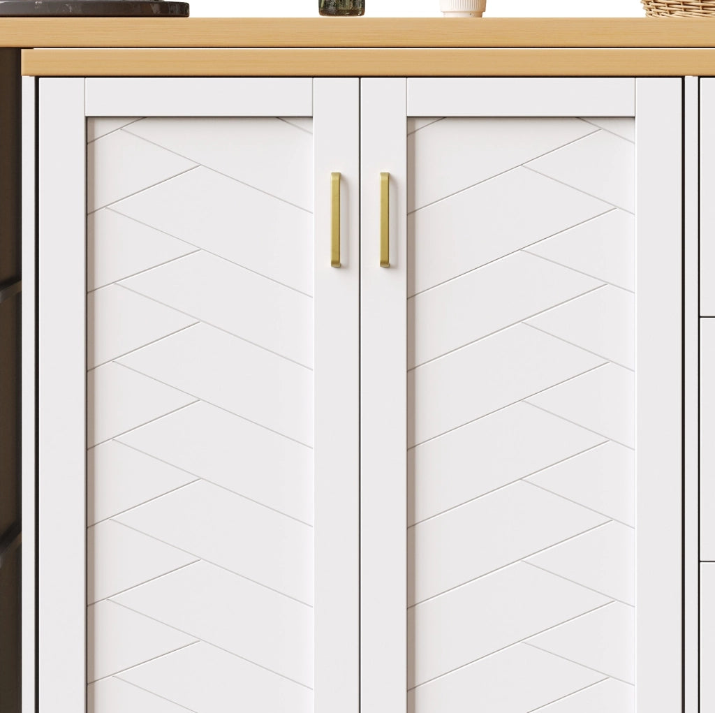 Carrello Bar allungabile con 2 Ante, 3 Cassetti e Piano in Effetto Legno, bianco/nero, 135-228x39x104 cm, con ruote