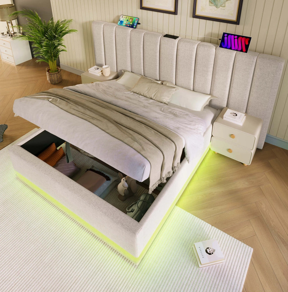 Letto matrimoniale 180x200 cm in lino beige con LED, contenitore e materasso