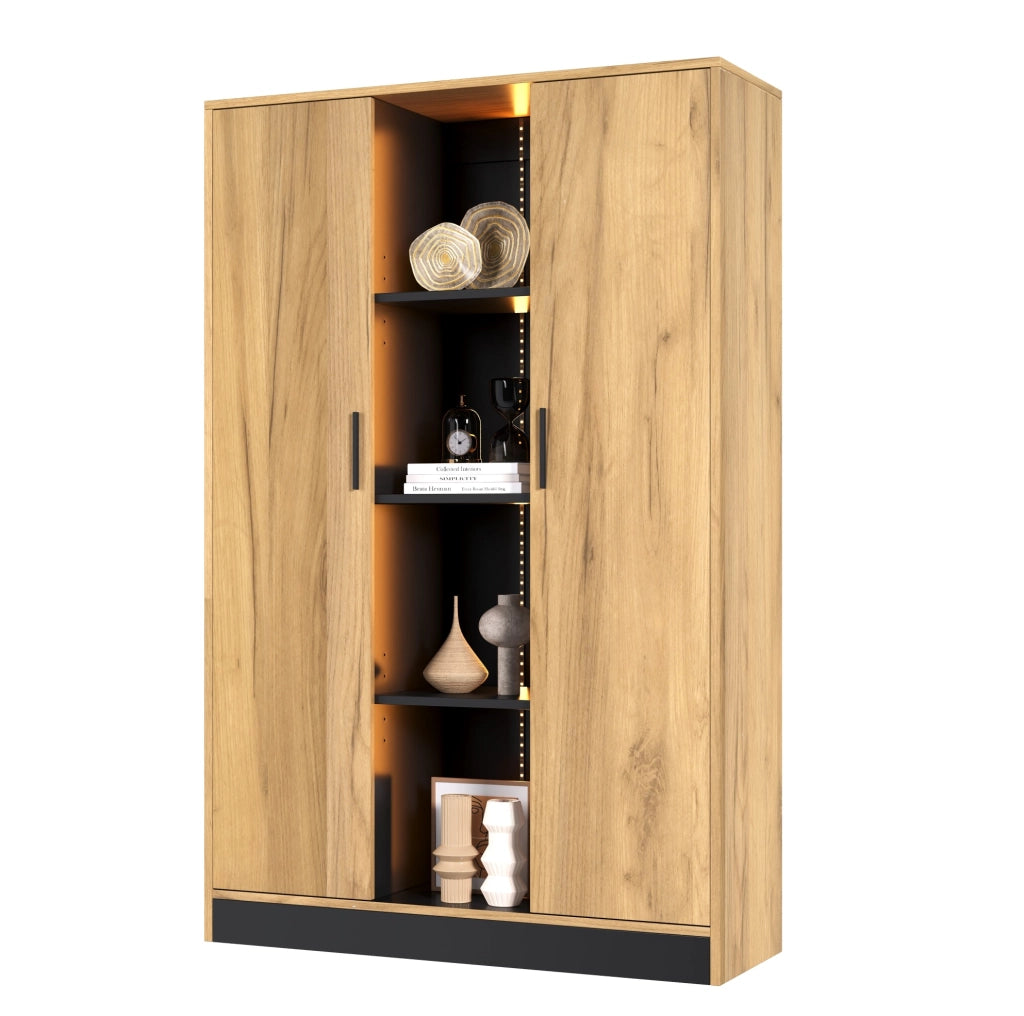 Vetrina 95x35x160 cm con LED controllabile via app; 2 ante e ripiani regolabili; rovere e nero