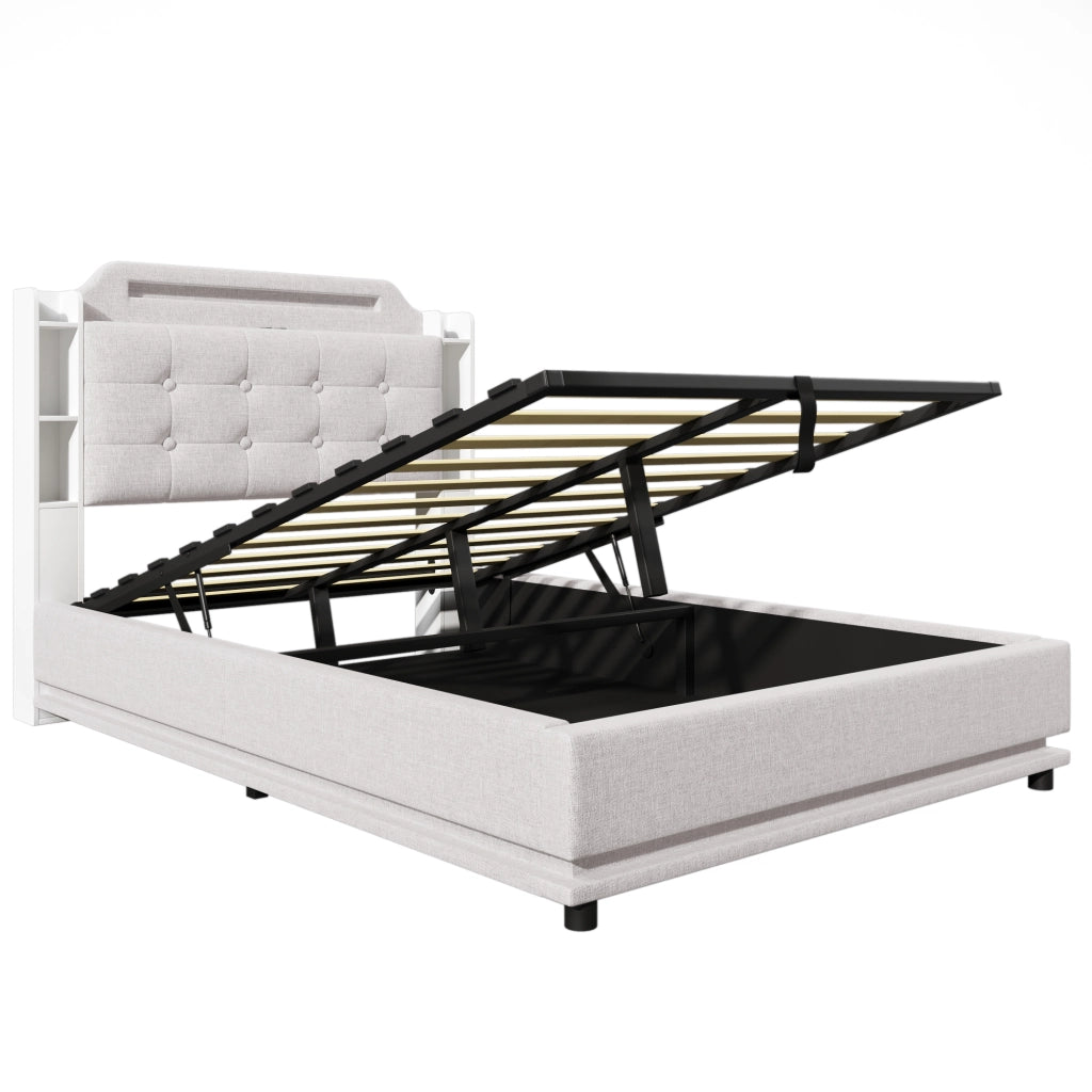 Letto matrimoniale 140 × 200 cm con contenitore idraulico, LED, USB e Type-C, senza materasso, in lino beige