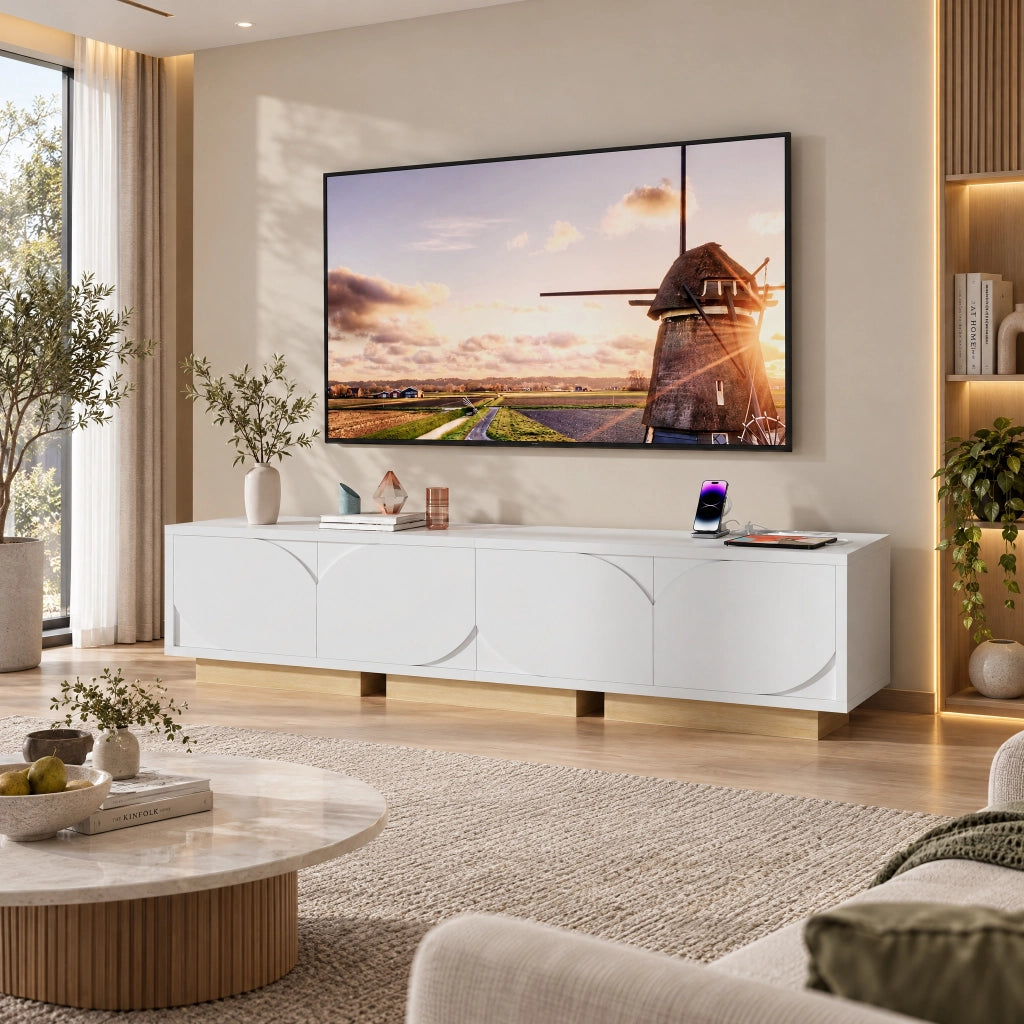 Mobile TV Moderno 175x40x42 cm;Mobile Basso per Soggiorno;Porta di ricarica;Ripiani Regolabili;Supporta TV fino a 80";Bianco