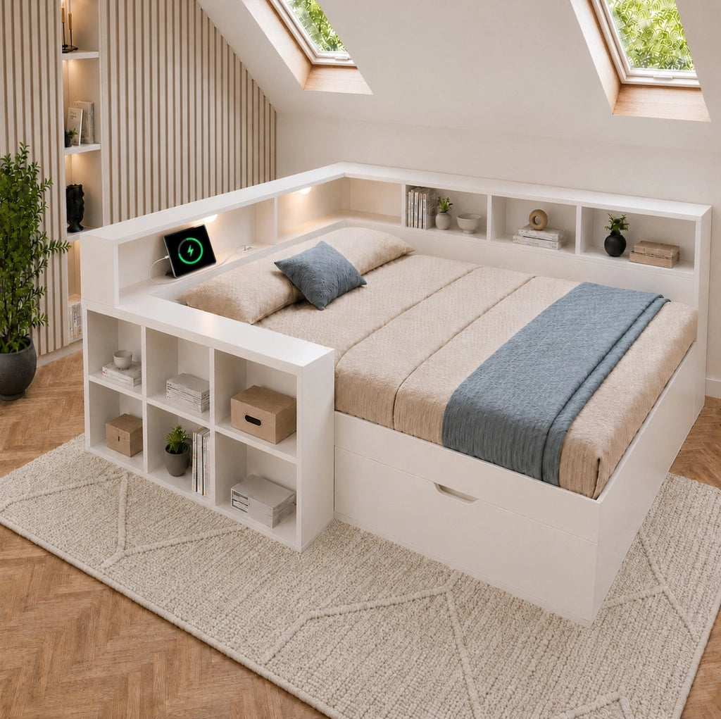 Letto matrimoniale 140x190 cm con contenitore; luci e porte USB/Type-C bianco HOMVRA