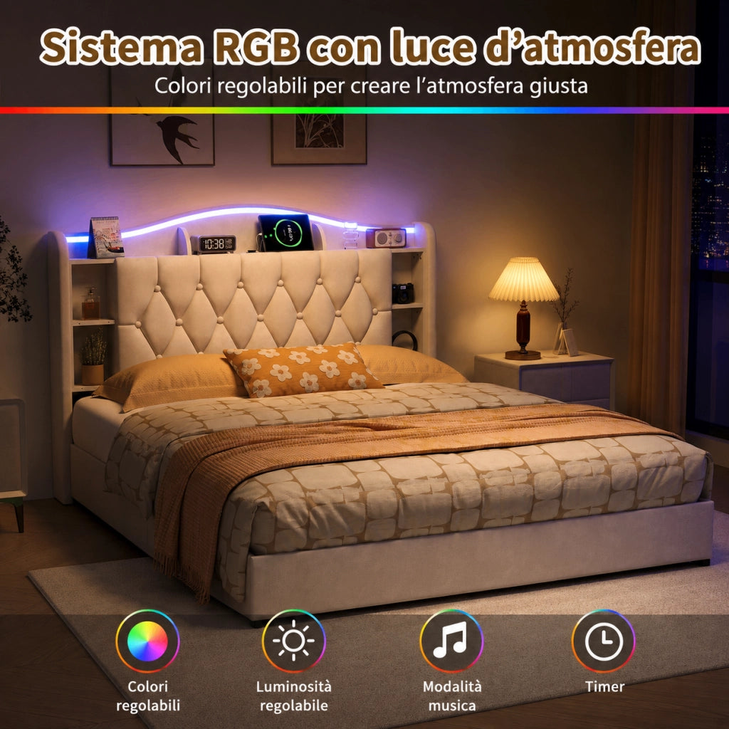 Letto a molle a sollevamento idraulico, testiera velluto beige, con luci LED RGB, stazioni di ricarica USB e wireless, scomparti porta oggetti, 140x200 cm